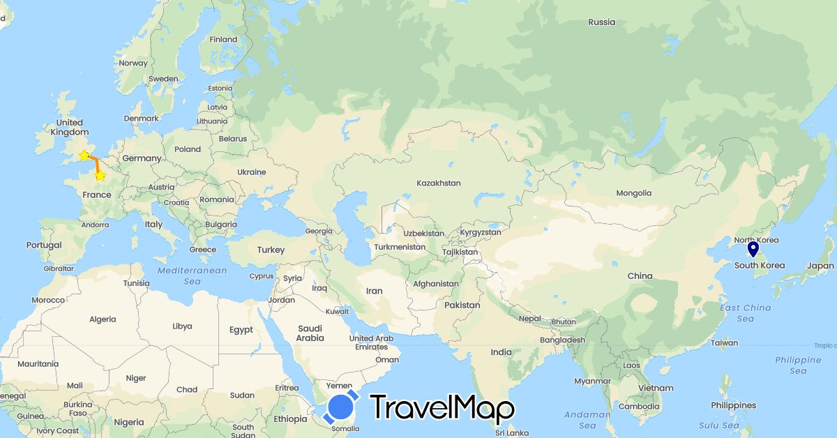 TravelMap itinerary: driving, hitchhiking in France, United Kingdom, South Korea (Asia, Europe)