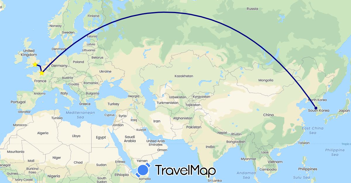TravelMap itinerary: driving in France, United Kingdom, South Korea (Asia, Europe)